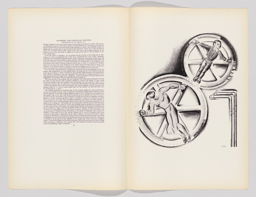 Two people appear trapped inside large interlocking gears on the right-hand page of an open book.