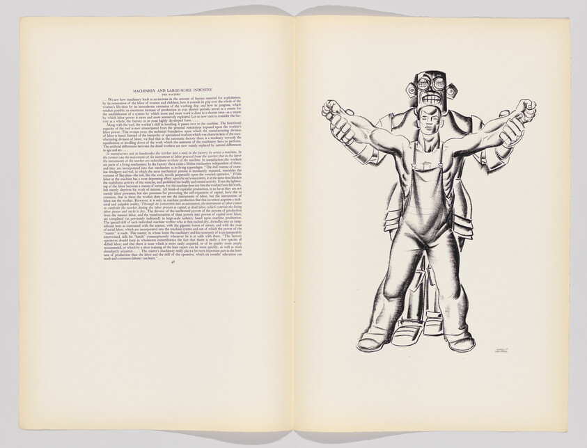 A factory worker stands with arms outstretched while a large robotic figure looms behind him.