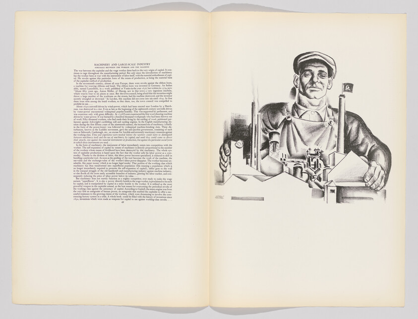 A smiling factory worker in an apron stands behind industrial machinery and tools on the page.