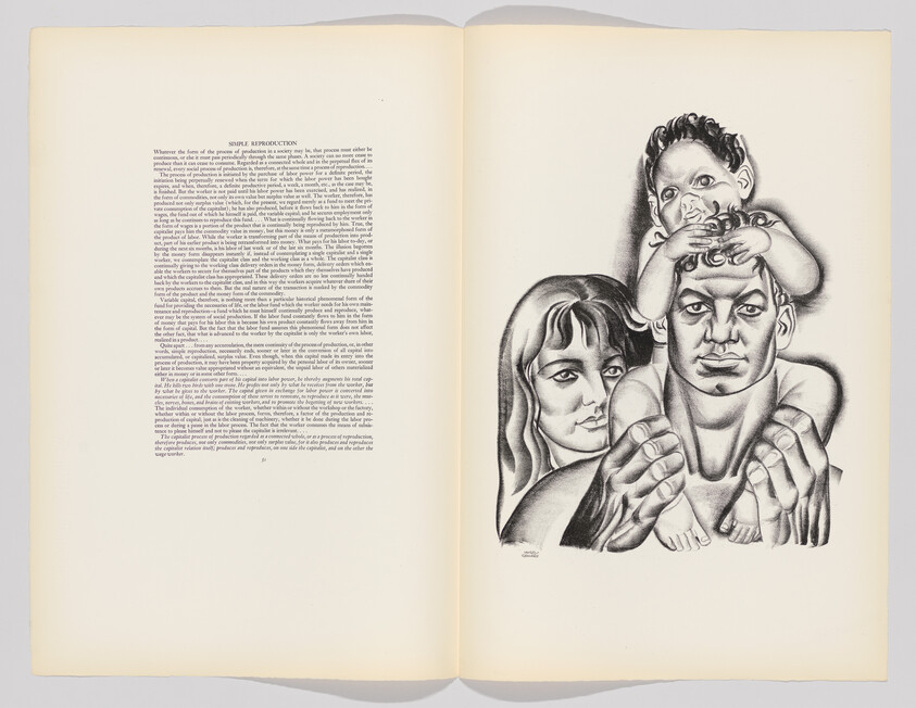 A graphite drawing of a family with a man carrying a baby on his shoulders and a woman beside him.