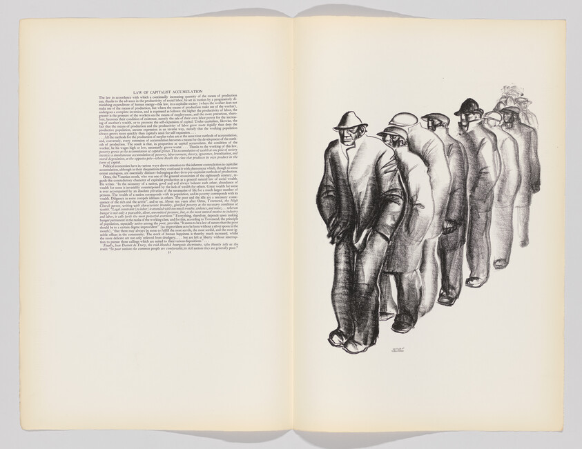 A line of men in coats and hats shuffles forward alongside a book page of dense text.
