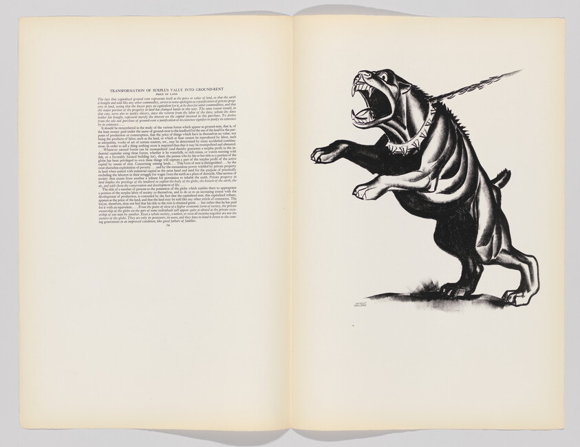 A large black ink drawing of a snarling, chained dog dominates the right page of an open book.