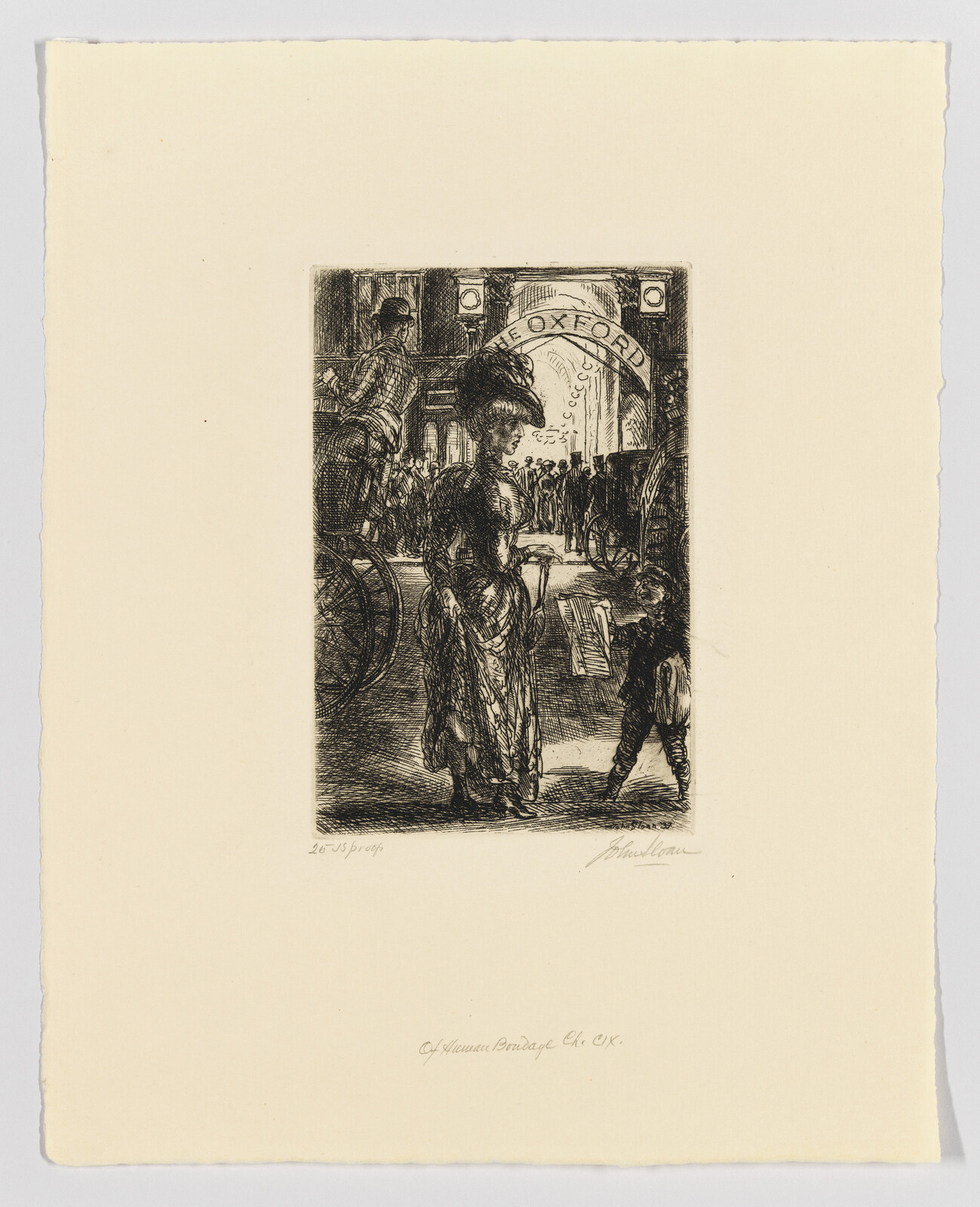 An etching depicting a bustling street scene outside 'The Oxford' with pedestrians, a horse-drawn carriage, and a cyclist. The artwork features detailed figures in period attire and showcases intricate shading and textural details, conveying a sense of movement and activity. The artist's signature is visible at the bottom right.