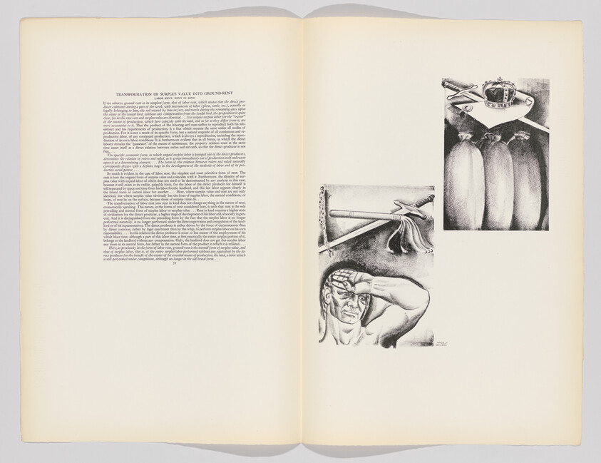 Open book page showing black-and-white illustrations of a man shielding his eyes, tools, and a crown.