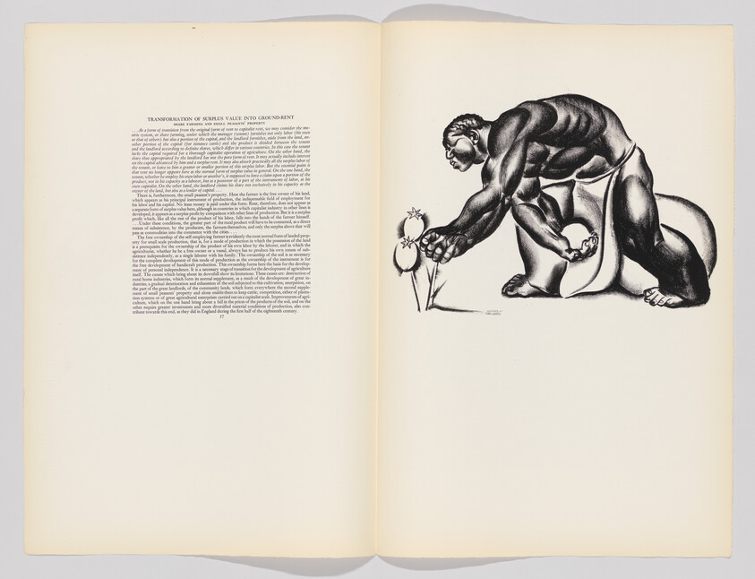 A large black-and-white drawing of a muscular kneeling man reaching to pick two round fruits.