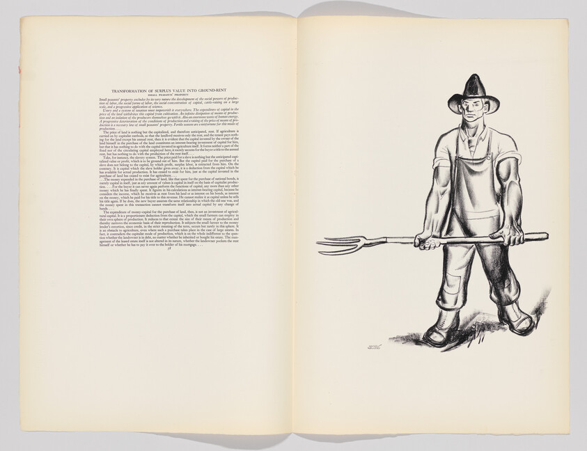 A standing farmer wearing a hat and apron holds a long pitchfork across his body.