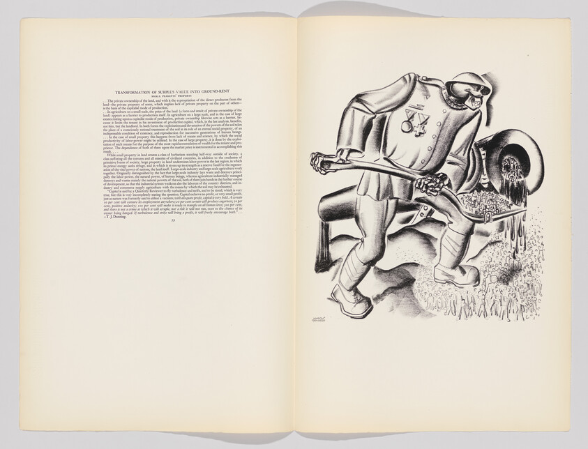 A caricatured soldier wearing a helmet shovels a spilling pile of grain with a large spade.