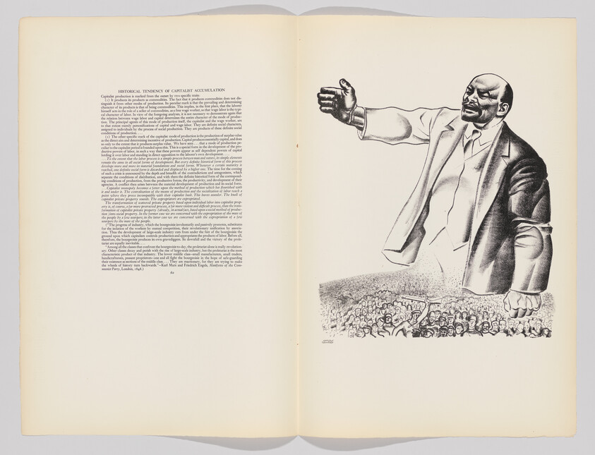 A large suited man gestures to a cheering crowd on the right page of an open book.