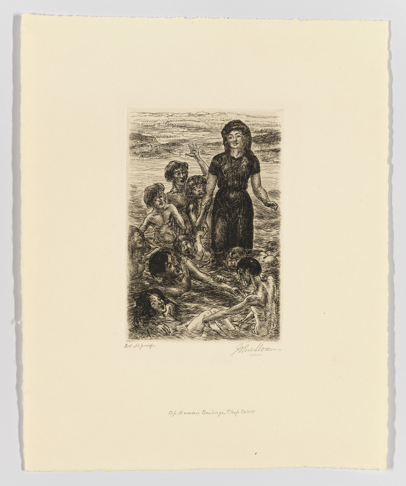 Etching of a woman standing among a group of children at the seashore, with handwritten signatures and text below.