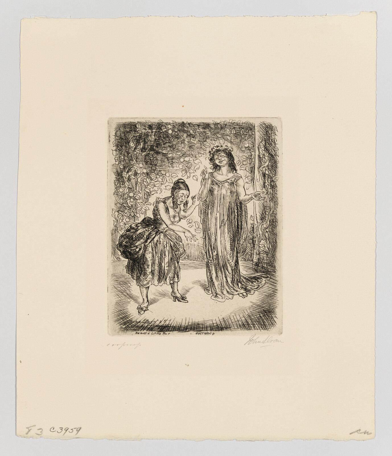 Two women in a stage-like scene, one bowing gracefully and one standing in a flowing gown.