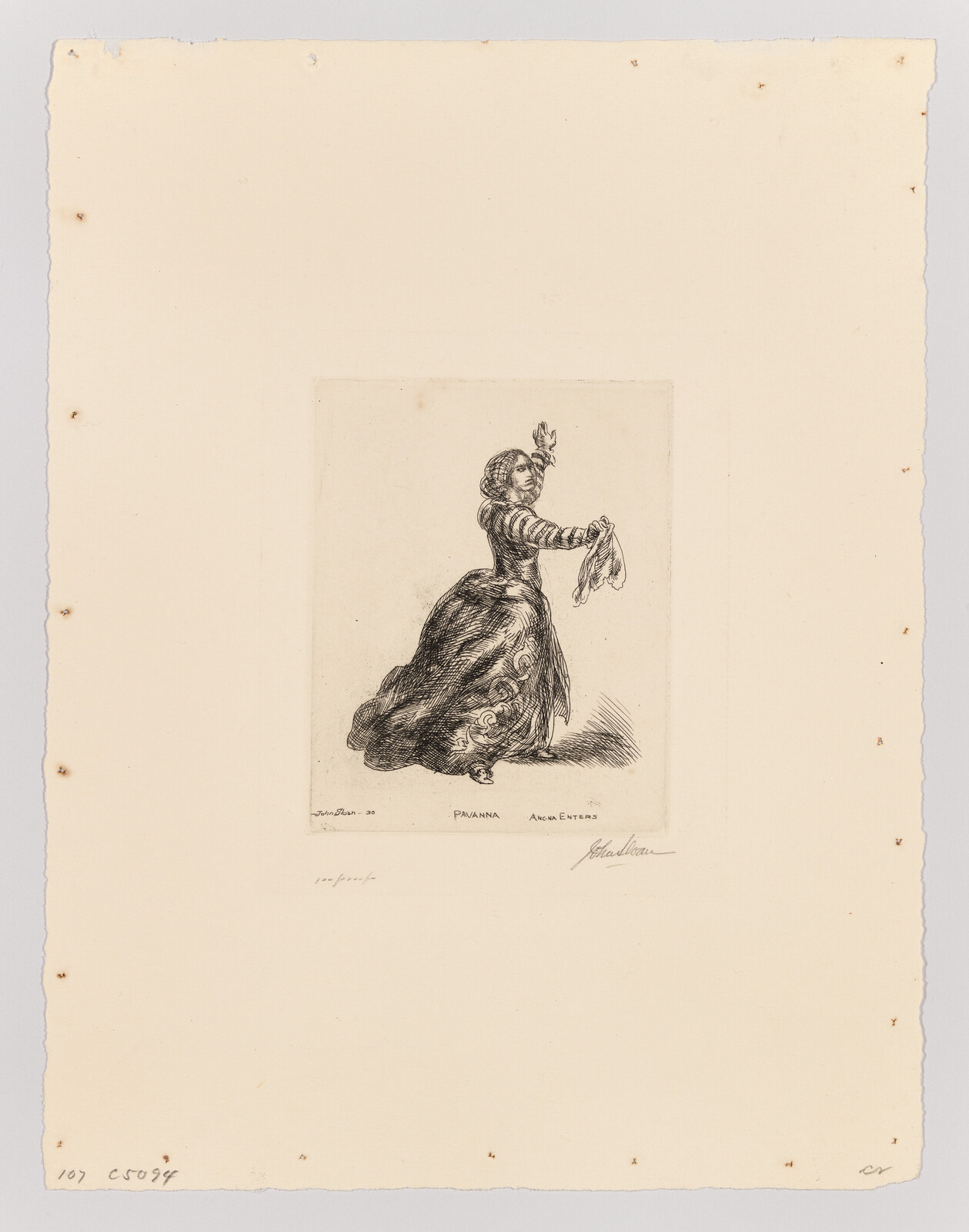 A woman in a long patterned dress holds a handkerchief and lifts one arm as if dancing.