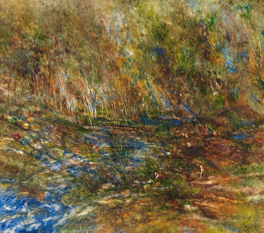 A sunlit riverside with birch trees and small figures bathing near the water's edge.