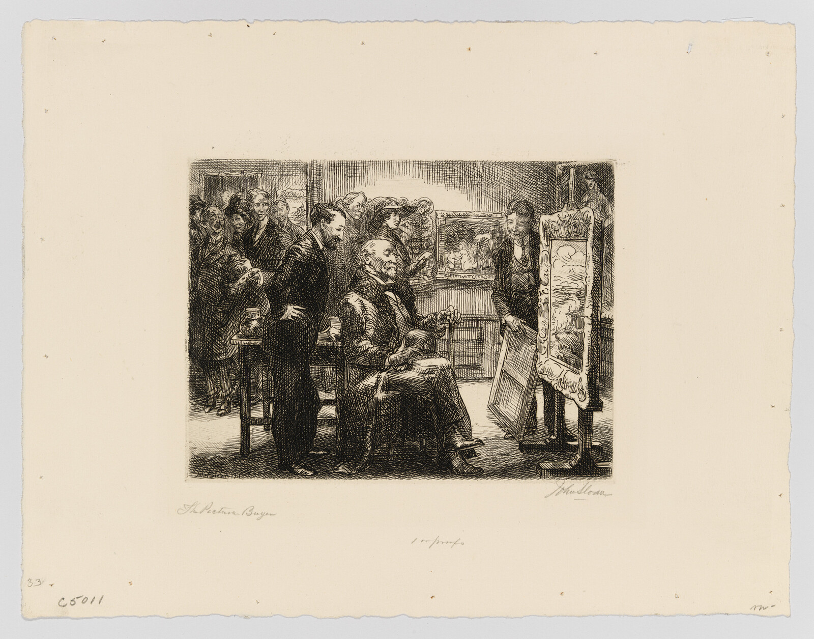 An older seated man examines a framed painting while attendants and onlookers watch in a gallery.