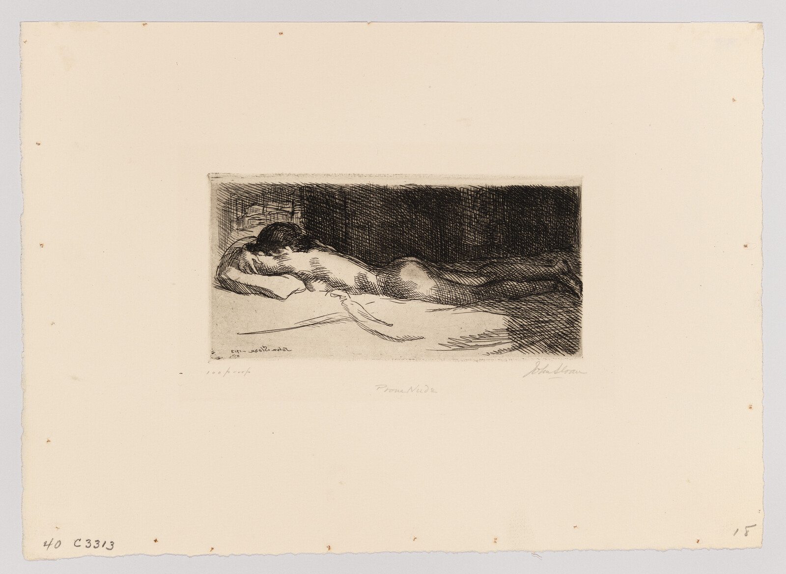A reclining nude woman lies face down on a bed in a simple black etching.