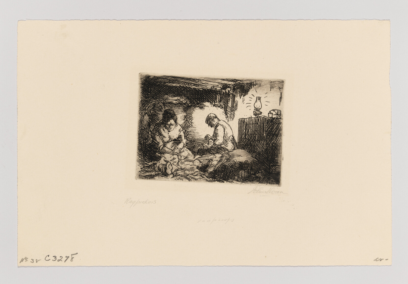 A woman and man sit by an oil lamp mending clothes together in a dim room.