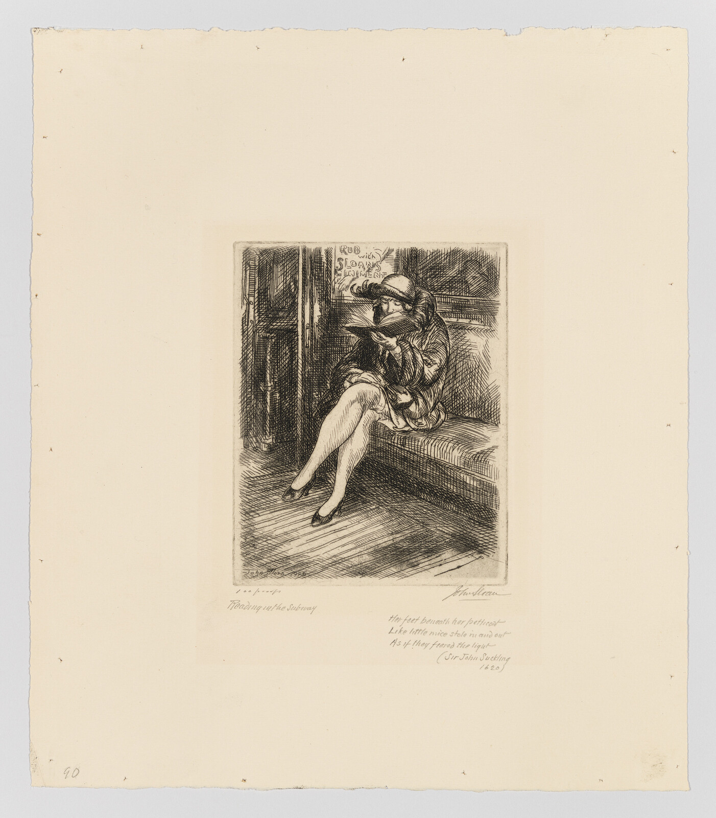 A young woman in a hat and coat sits on a subway bench reading a book.