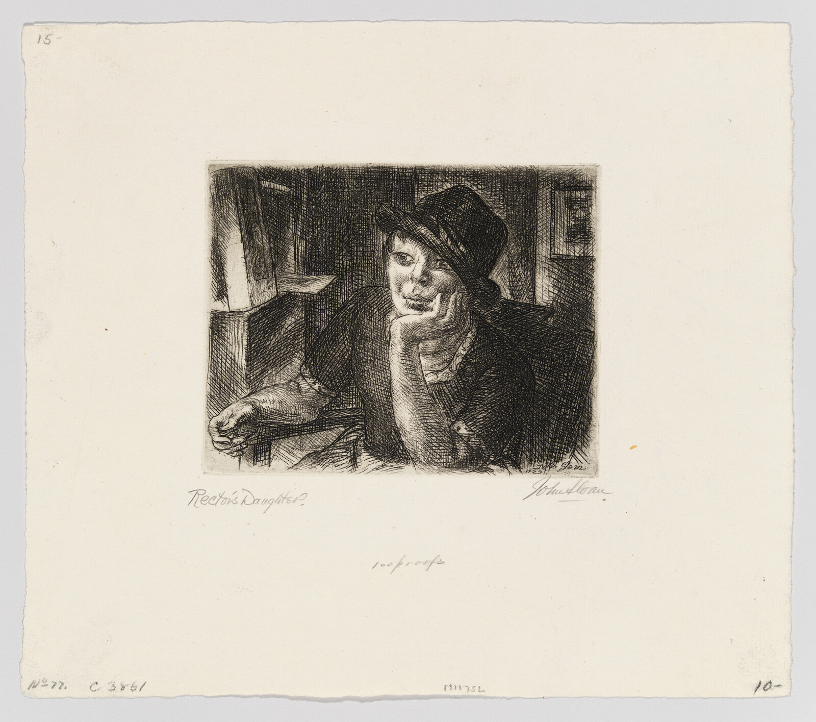 A woman wearing a hat rests her chin on her hand and gazes thoughtfully.