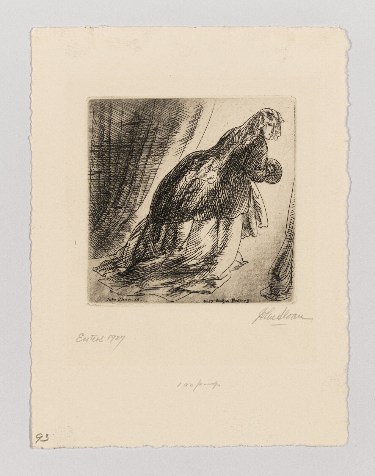 Woman in a long dress and cloak cautiously enters from backstage past heavy curtains.