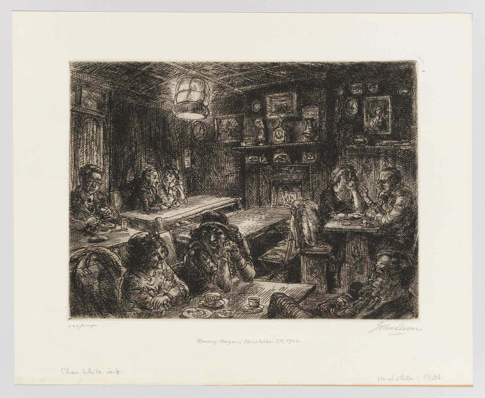 Etching of a cozy, dimly lit tavern scene with patrons dining and conversing, dated 1936.