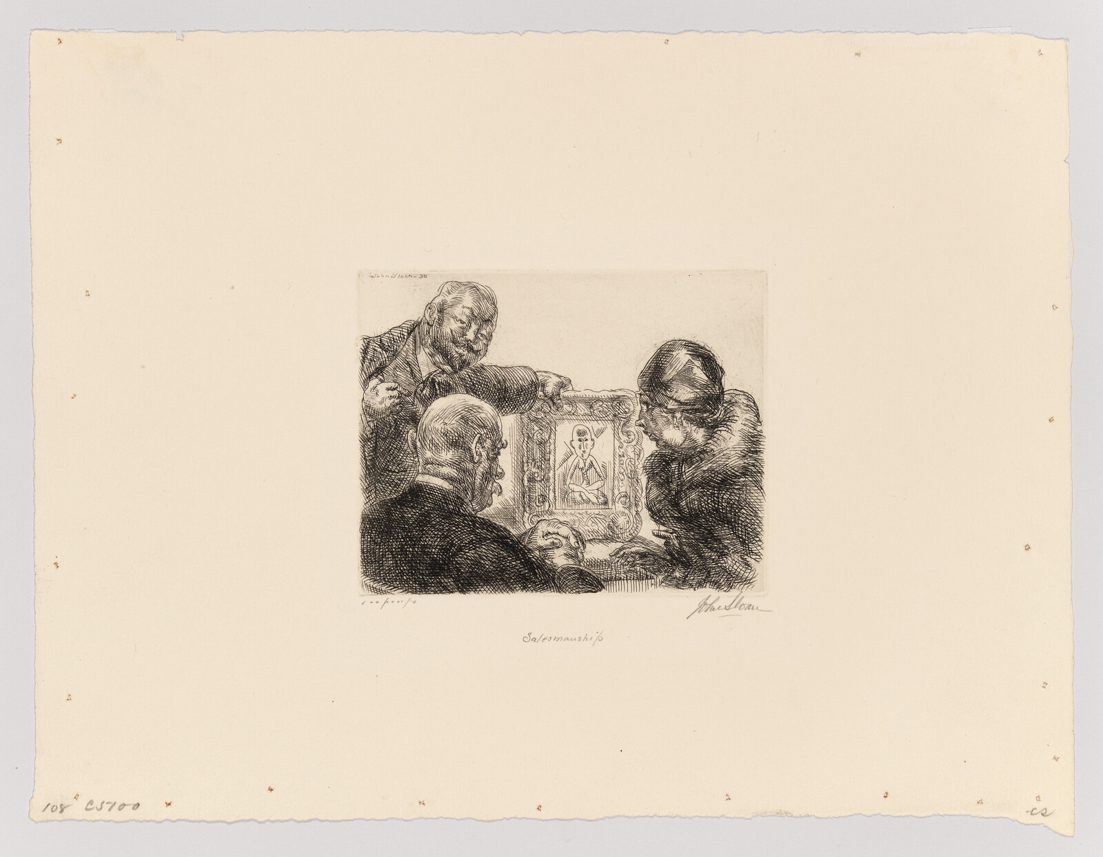 Three people examine a small framed portrait as a seller points and discusses it.