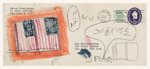 An envelope with a small watercolor American flag, pencil sketches, typed addresses, and postage stamps.