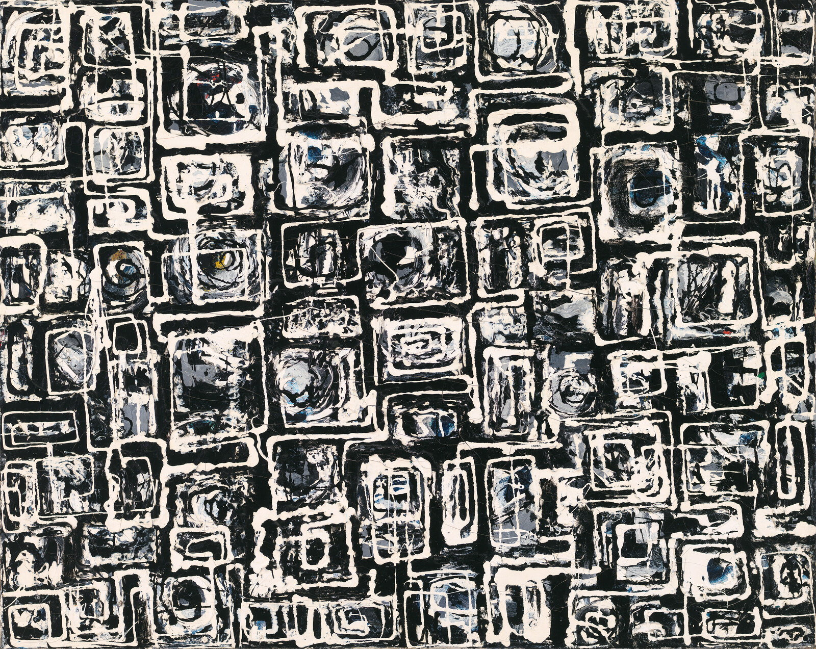 Black and white textured painting of overlapping hand-drawn squares and rectangles with rough brushstrokes.