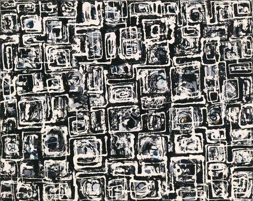Black and white textured painting of overlapping hand-drawn squares and rectangles with rough brushstrokes.