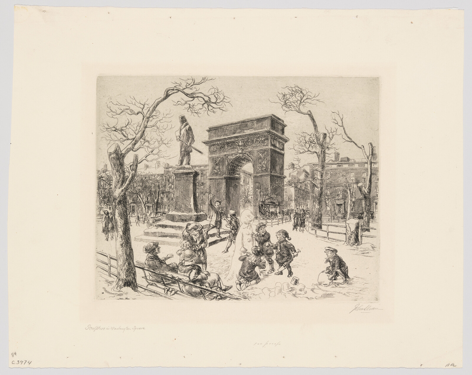 Children build a snowman and play near the Washington Square Arch while others sit on a bench.
