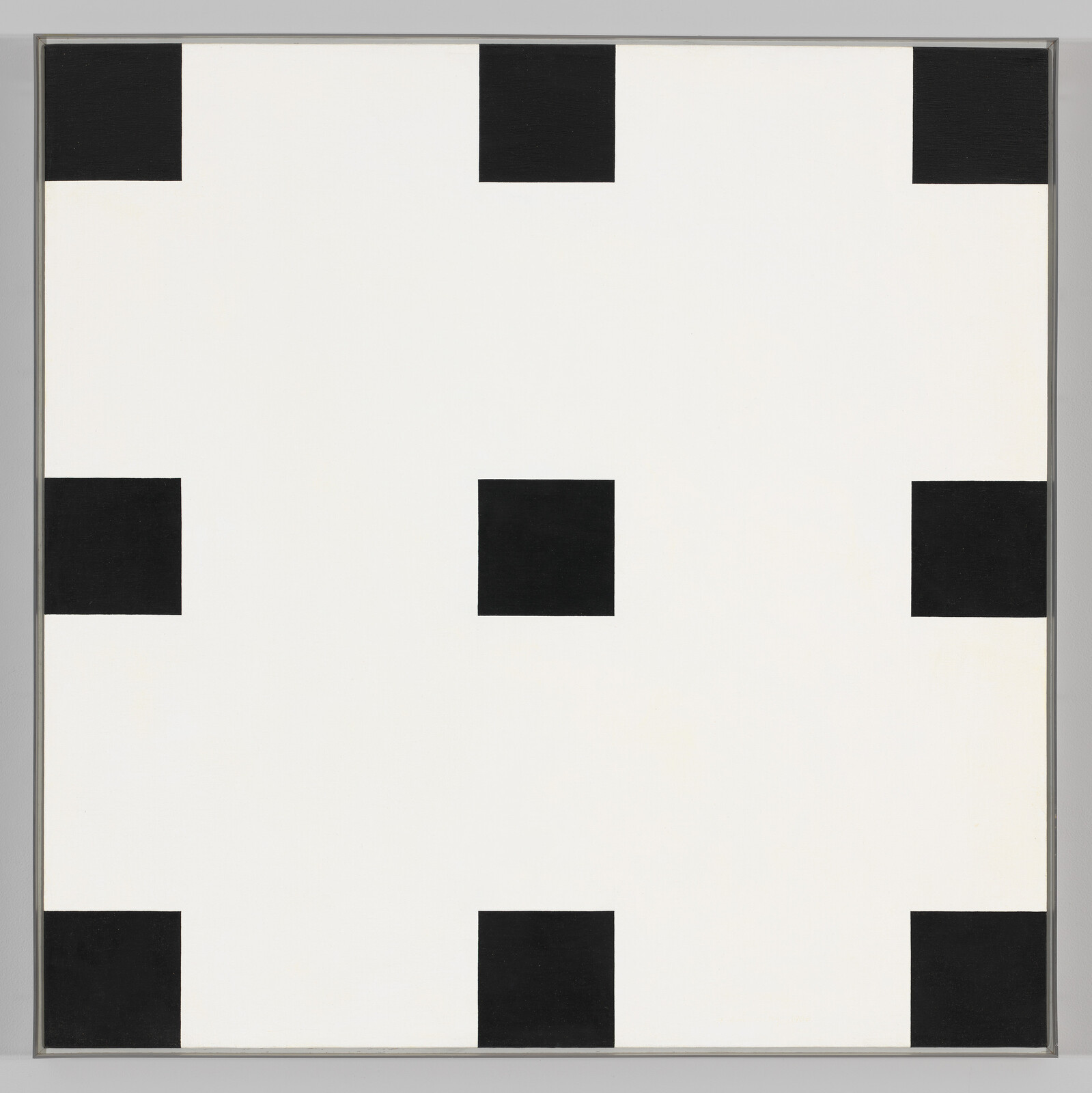 White canvas with nine evenly spaced black squares forming a minimalist grid pattern.