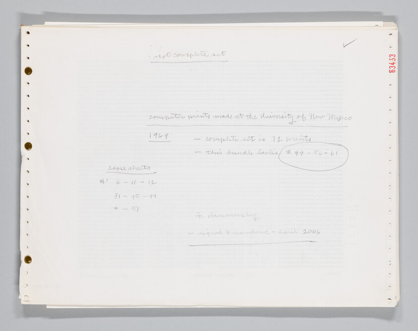 A punched computer paper sheet with faint handwritten notes and a circled list of numbers.