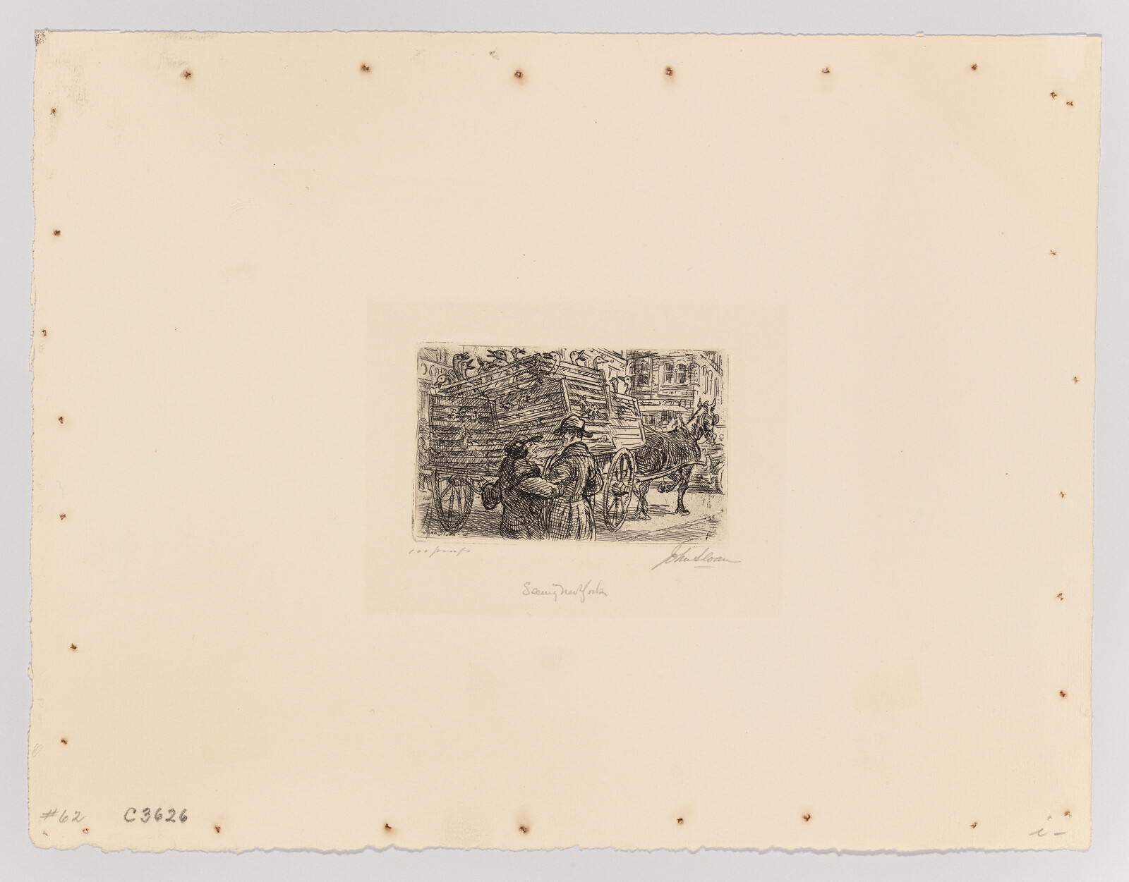 Two women stand beside a heavily loaded horse-drawn cart on a city street.