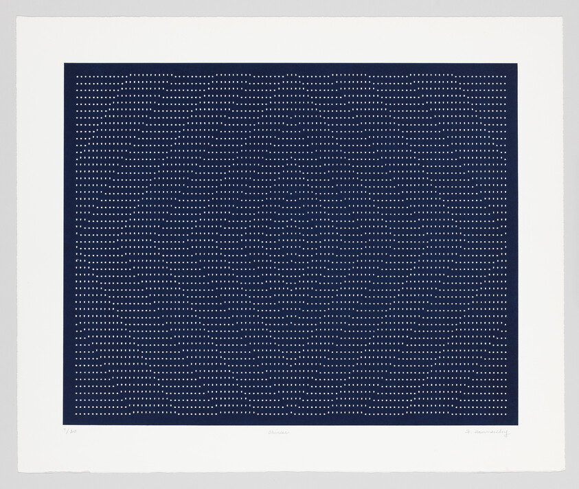 Navy square filled with evenly spaced small white dots forming subtle wavy patterns on a white background.