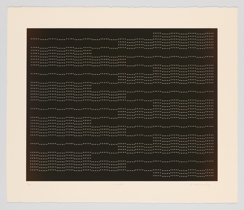 Dark rectangular panel filled with rows of small white dots forming wavy horizontal lines on cream paper.