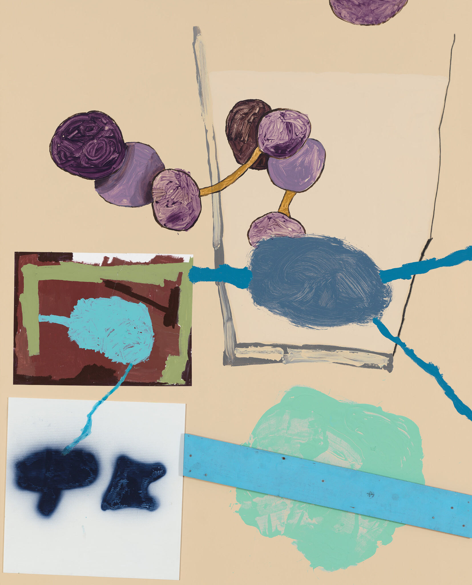 Abstract artwork showing purple connected spheres, blue blobs, and a diagonal turquoise plank.