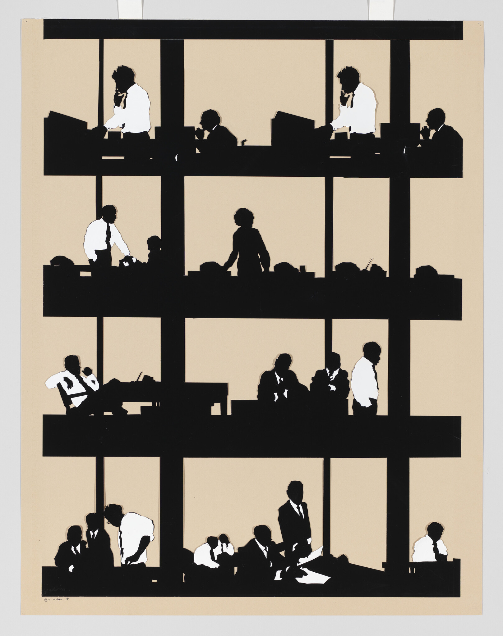 Silhouetted office workers on four floors talk on phones, work at desks, and meet.