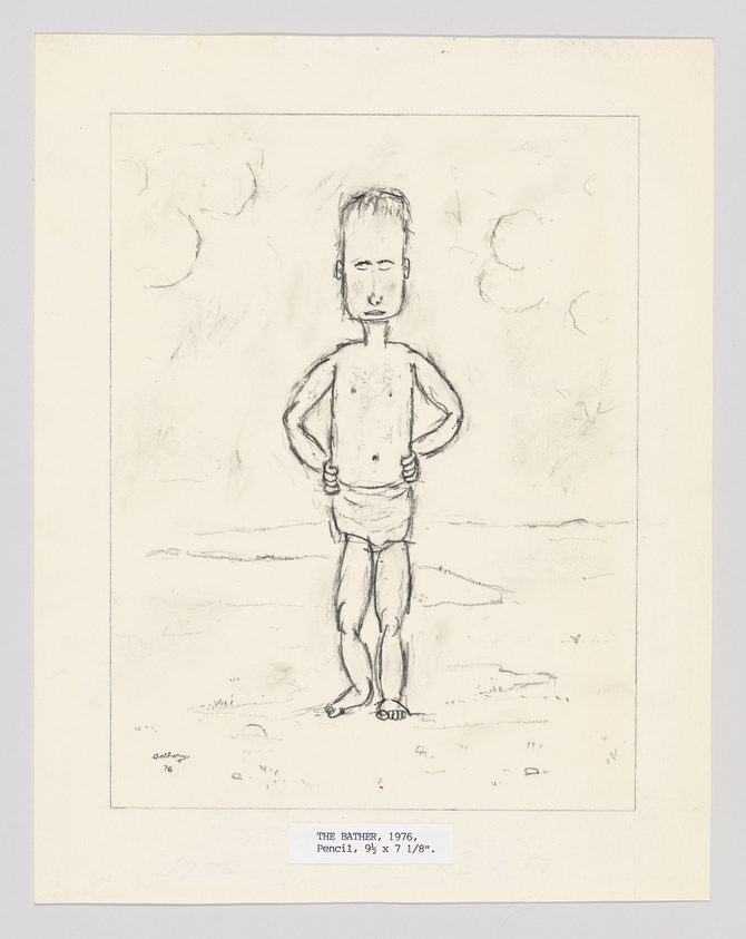 Pencil sketch titled "THE BATHER, 1976" depicting a standing figure with hands on hips, set against a simple background with clouds. The drawing is centered on a piece of paper with a caption at the bottom providing the title and medium details.