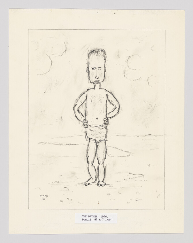 Pencil sketch titled "THE BATHER, 1976" depicting a standing figure with hands on hips, set against a simple background with clouds. The drawing is centered on a piece of paper with a caption at the bottom providing the title and medium details.