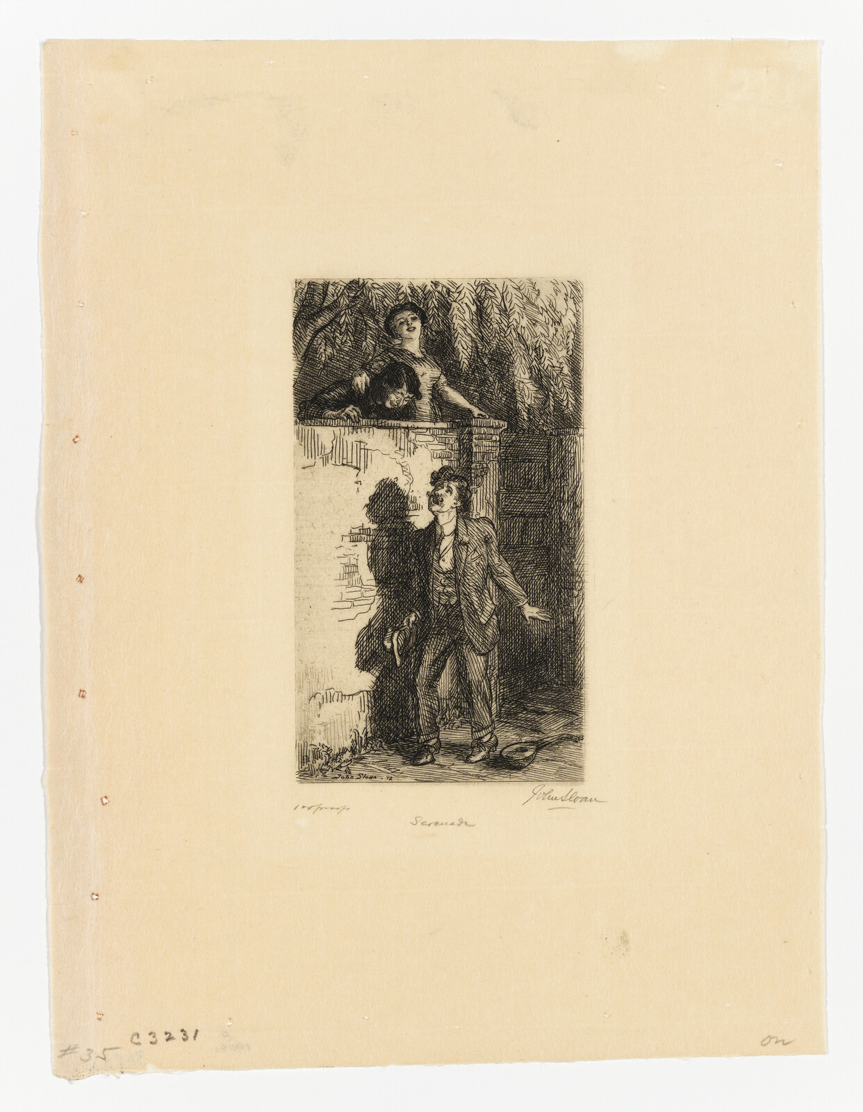 A disheveled man looks up nervously as two women lean over a garden wall above him.