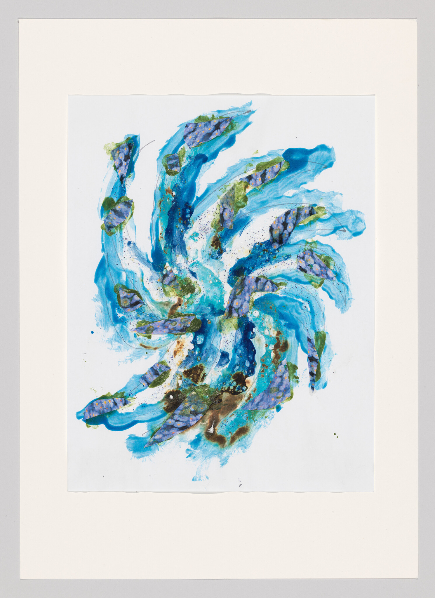 Abstract blue and green swirling painting with leaf-shaped collage elements and splattered brown accents.