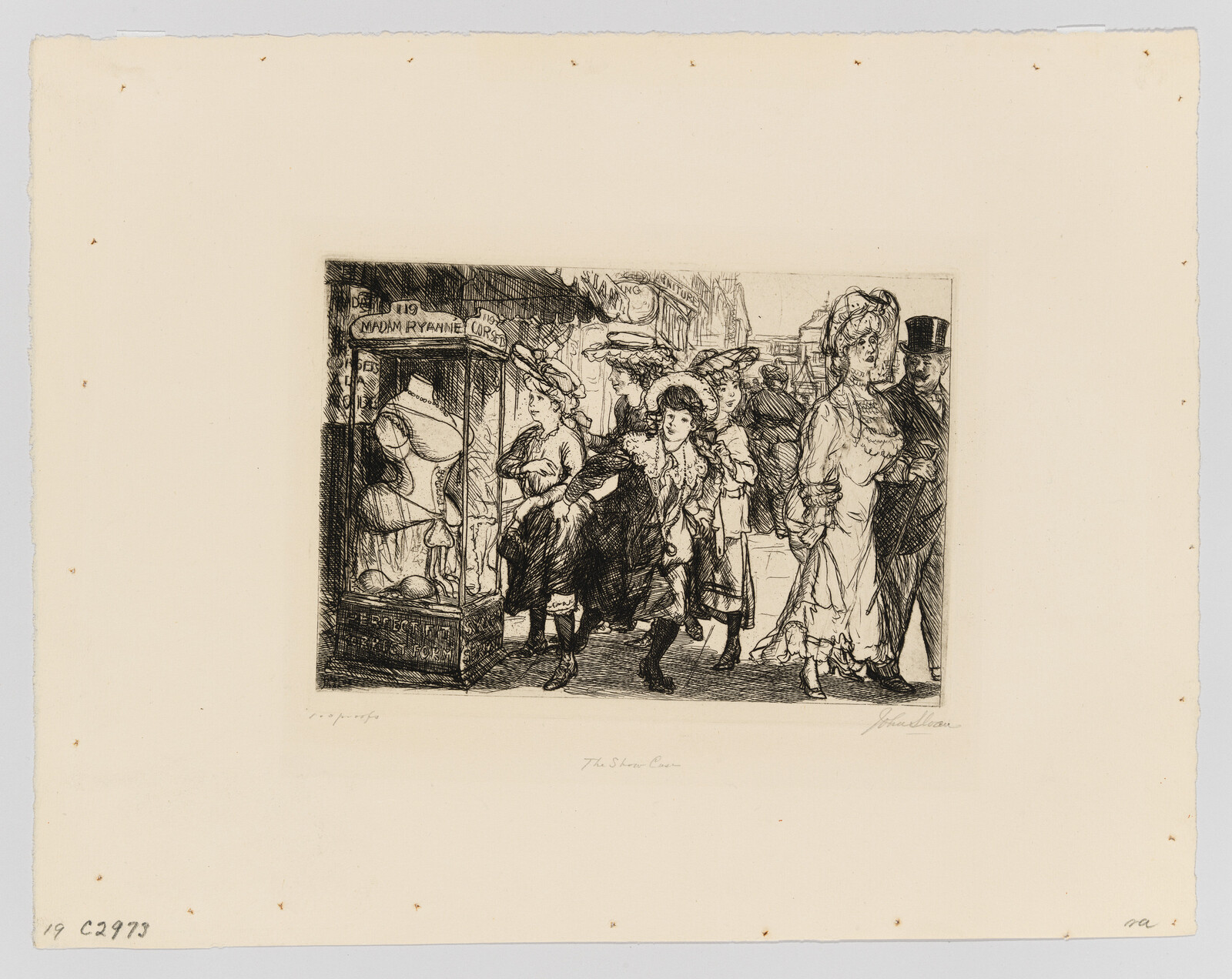 A crowd of well-dressed women and children stop to look at a hat and corset shop window.