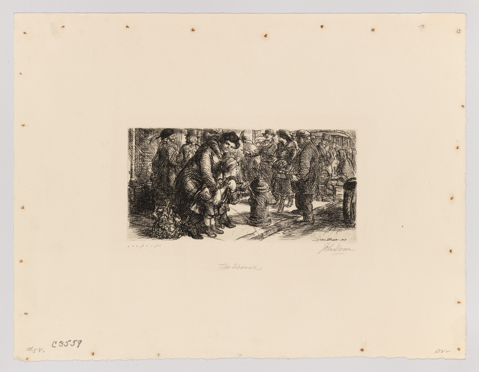 A crowded sidewalk scene with a mother crouching to comfort a small child among commuters.