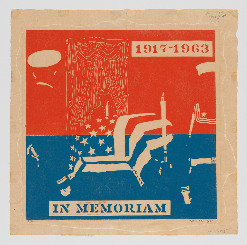 This is a graphic print with a bold red, white, and blue color scheme, featuring the dates "1917-1963" at the top. The upper half is red with a draped window and a candle on a sill, while the lower half is blue with white stars and a broken, disjointed figure. Below the figure, the words "IN MEMORIAM" are prominently displayed. The print has a rough, textured edge, suggesting it may be on a piece of torn paper. There are artist signatures and notations on the bottom right.