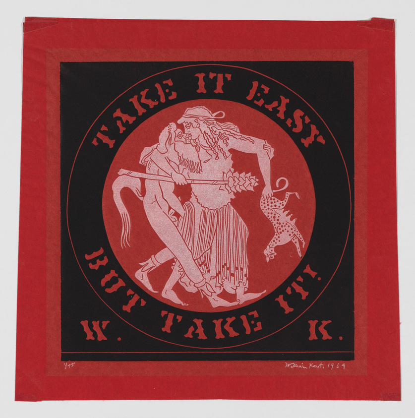 A red and black print featuring a circular design with the phrase "TAKE IT EASY" at the top and "BUT TAKE IT" at the bottom. Inside the circle, a classical figure holding a lyre is depicted with a dog jumping beside them. The artist's signature and the year 1971 are visible at the bottom right.