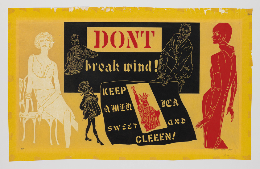 A colorful graphic poster featuring a mix of text and stylized figures against a yellow background. The central black rectangle contains bold red text that reads "DON'T break wind!" Below it, additional text states "KEEP AMERICA sweet AND CLEAN!" with an image of the Statue of Liberty. Surrounding the rectangle are outlined figures in various poses, including a seated woman on the left and a standing man on the right, both in red, and a smaller figure in black, possibly a child, in the bottom left corner. The artwork has a satirical tone and is dated 1949, signed by the artist in the lower right.