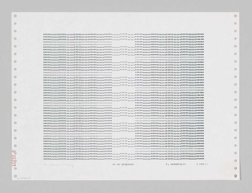 Computer dot-matrix printout with repeated characters forming a rectangular pattern on perforated paper.