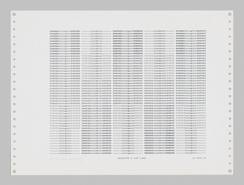 Continuous dot-matrix printout showing dense columns of repeated characters with title "SEQUENCE & THE SANE".