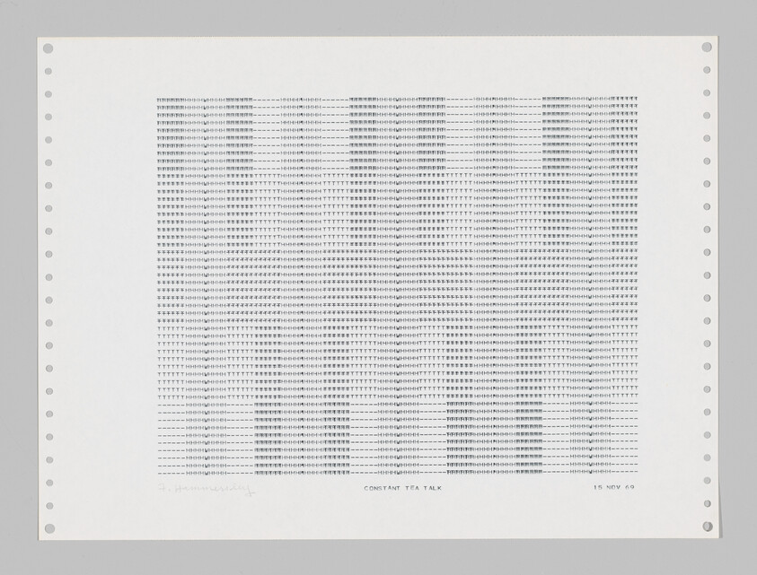 A perforated computer printout showing a grid of repeated characters titled "CONSTANT TEA TALK."