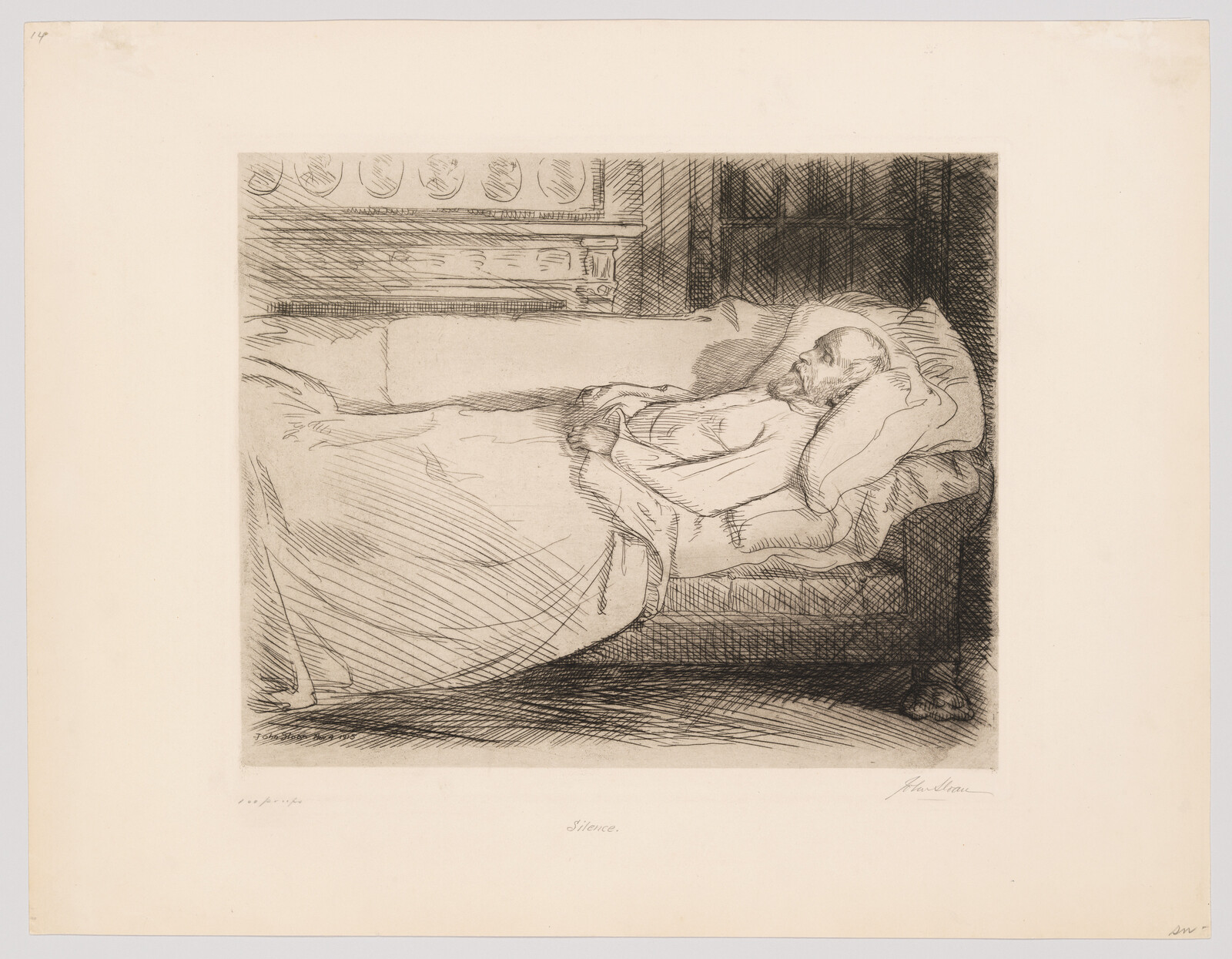 An elderly man lies quietly in bed with folded hands and eyes closed.