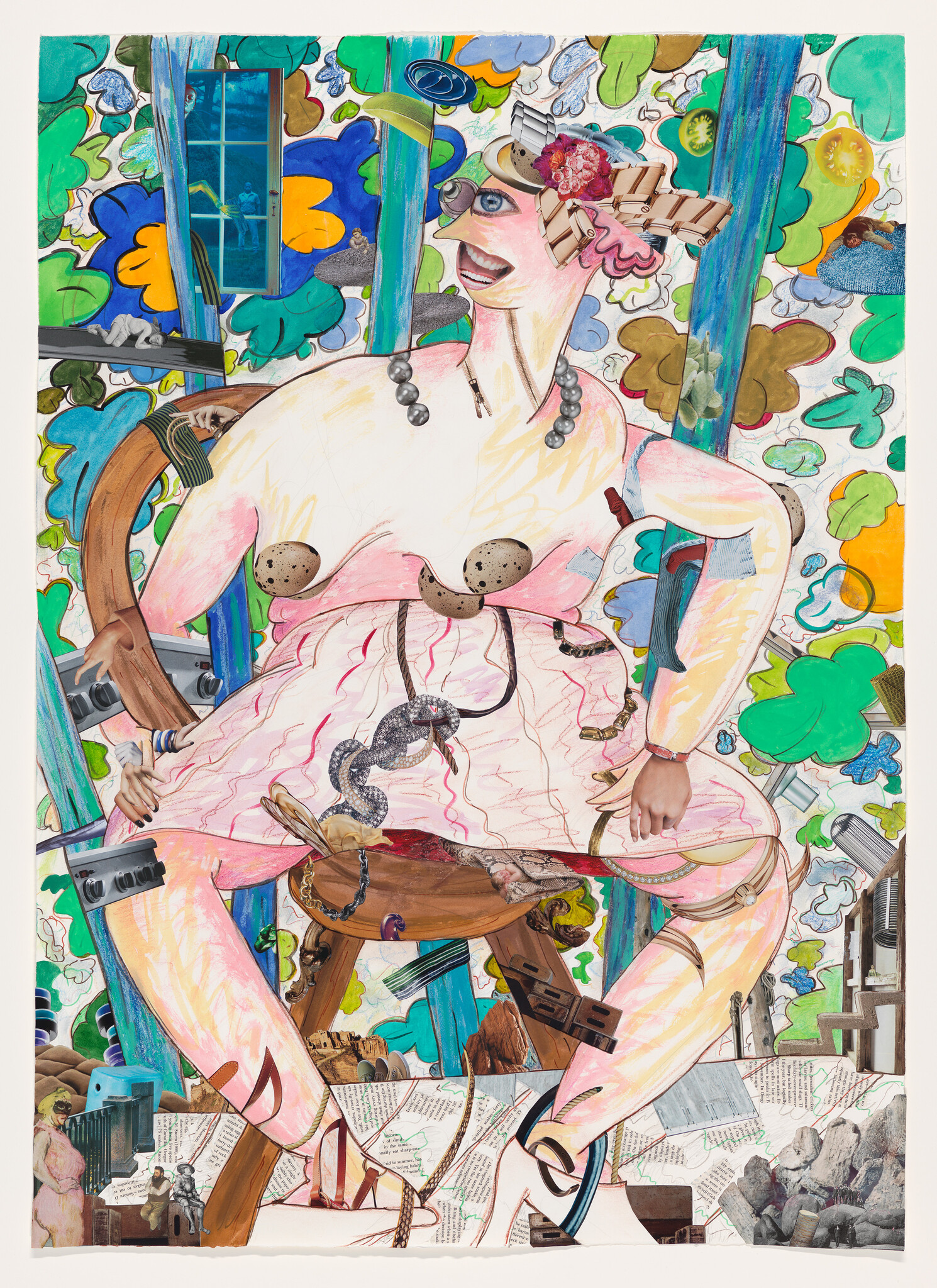 A colorful collage shows a seated woman wearing a hat and necklace with a snake crawling on her skirt.