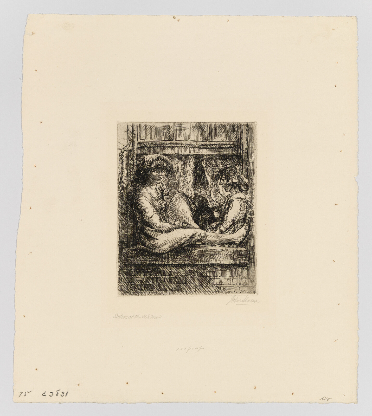 Two women sit together on a window seat, one holding fabric while they talk quietly.